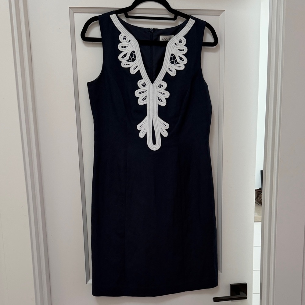 Eliza J Navy Shift Dress with White Embroidered V-Front